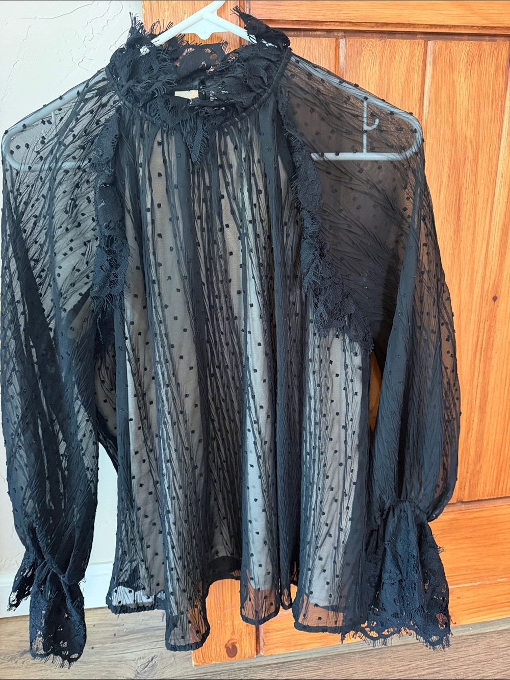 Elliatt Black Swiss Dot Lace Ruffle Blouse Sheer Mesh Puff Sleeve - Size M